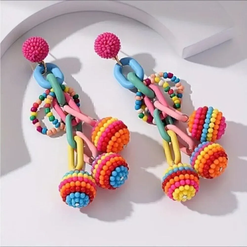 Colorful  Pom Pom Tassel Earrings Beach Vacation - Picture 2 of 3